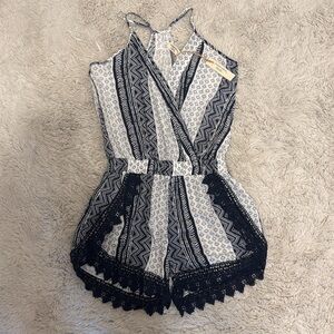 Ocean Drive Navy Crochet Trim Printed Romper